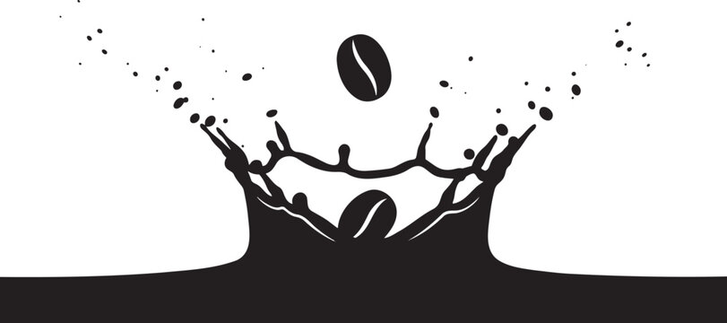 Dynamic coffee splash vector illustration, two coffee beans falling into dark liquid, energetic beverage concept for branding and packaging, black and white graphic design element.