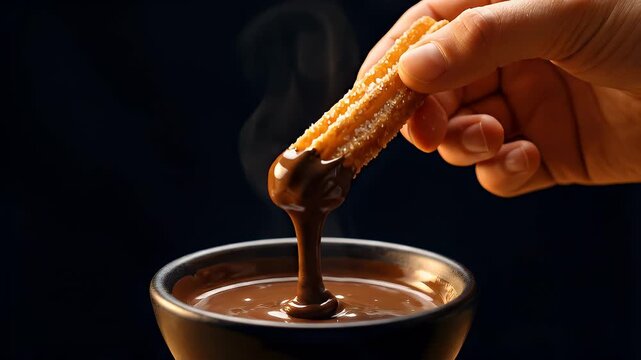 Hand dipping golden churro with sugar into a steaming bowl of rich hot chocolate sauce on a dark background