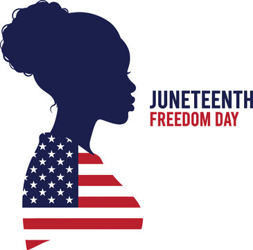 Juneteenth Freedom Day vector illustration featuring a powerful silhouette of a Black woman with the American flag design on a white background