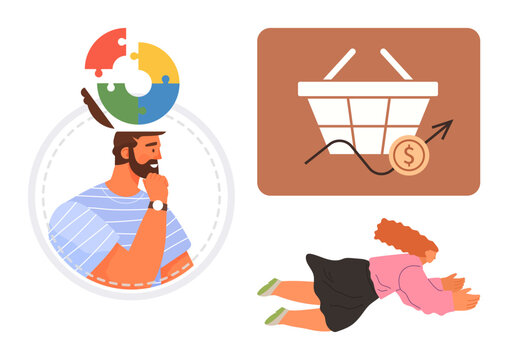 Problem-solving, e-commerce growth, child exploration, online shopping trends, conceptual thinking, financial success. Man with puzzle head, shopping basket with growth arrow, child crawling