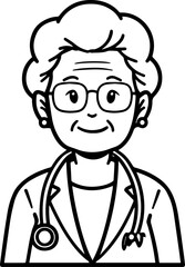 Obraz premium Hand Drawn Elderly Female Doctor Black and White Illustration in Minimal Line Art Style Design