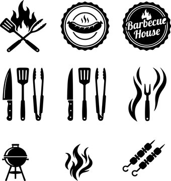 Barbecue and grilling icons silhouette vector illustration featuring utensils, skewers, flames, charcoal grill, and decorative cooking motifs