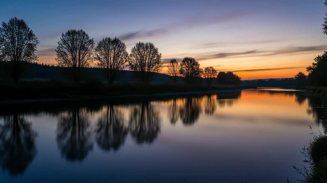 A serene lake at sunset with trees silhouetted against a vibrant orange and blue sky, reflecting calm water