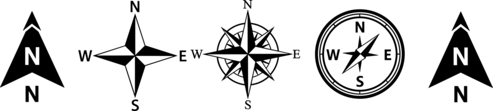 Compass symbols silhouette vector illustration set, five black icons showing directional designs including compass roses and north arrow motifs
