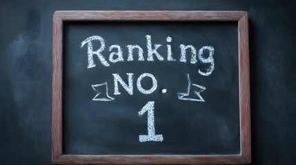 Obraz premium Black chalkboard with wooden frame displaying ranking number one written in chalk with ribbon graphic.