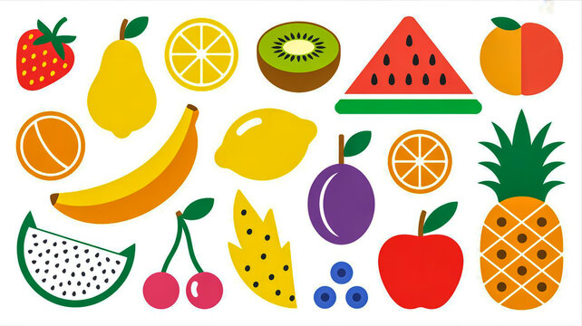 A colorful flat lay illustration of various fruits arranged together