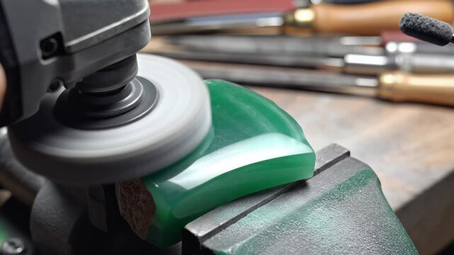 Closeup of artisan polishing green stone with rotary tool.