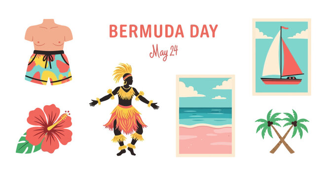 Bermuda Day May 24 poster featuring a sailboat pink sand beach Gombey dancer hibiscus flower and palm trees