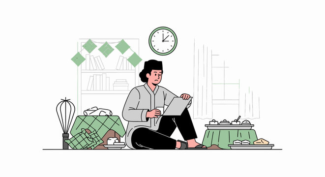 Person sitting cross legged reading document with office supplies.