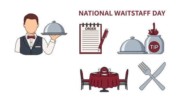 Graphic set for National Waitstaff Day with waiter cloche tip jar order pad and dining table icons