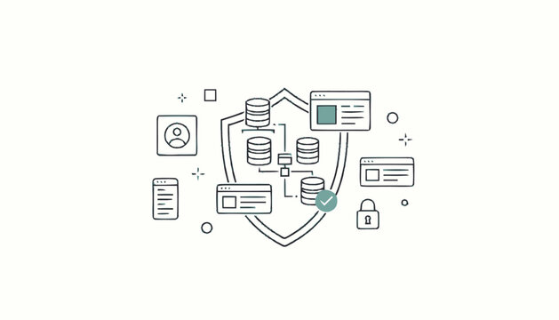 Data security illustration with shield, database, and lock icons.