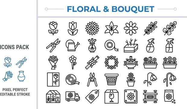 Outline vector icon set of floral bouquet, spring flowers and blossom