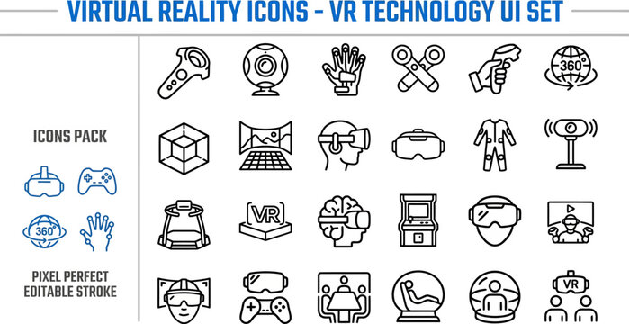Outline vector icon set of virtual reality and vr technology