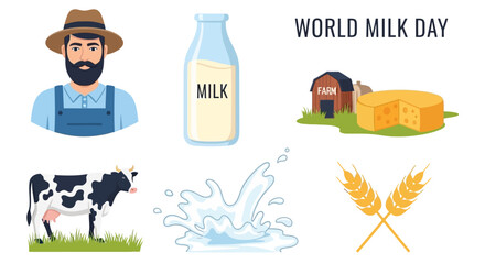 Illustrations of a farmer milk bottle cow barn with cheese liquid splash wheat and World Milk Day text © Agung