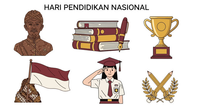 Illustrations for National Education Day featuring Ki Hajar Dewantara books trophy flag and a student