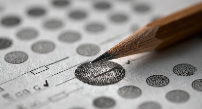 A sharpened wooden pencil writing on a standardized answer sheet filled with checkmarks