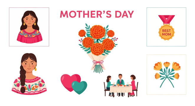 Mothers Day illustrations featuring women in traditional attire floral bouquets hearts and a Best Mom medal