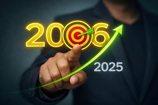 Hand points to a digital projection of "2006" with a target symbol, connected by a green upward-curving arrow to "2025", representing long-term business growth and future goals.