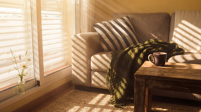 Warm and inviting cozy living room interior bathed in golden sunlight through window blinds.