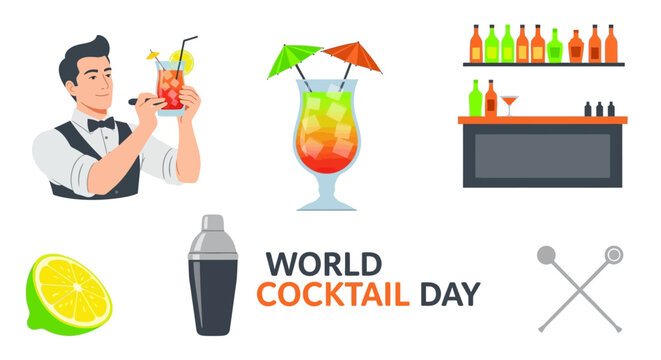 Vector illustration for World Cocktail Day featuring a bartender various cocktails shaker bar tools and lime
