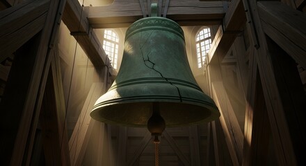 Obraz premium A large, ancient bell hangs within a wooden structure, casting shadows and evoking a sense of history and solemnity