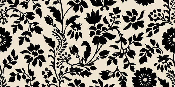 Elegant floral pattern with black silhouettes against a cream background