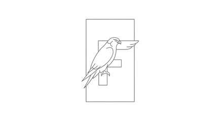 Obraz premium Elegant Falcon Bird Perched on Stylized Letter F Logo, Minimalist Line Art