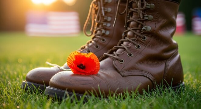 Military boots with red poppy flower.