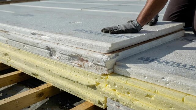 Medium shot showcasing the assembly of rigid foam panels designed for roofing applications highlighting the texture and layering process.