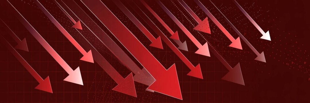 Multiple red arrows falling diagonally representing economic downturn and stock market decline, risk and financial crisis concept with grid background for business strategy visuals.