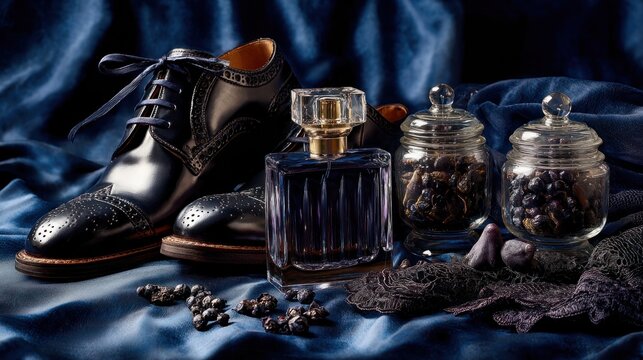 Elegant black leather dress shoes with brogue detailing, placed beside vintage glass perfume bottles and assorted dark chocolates on silky navy fabric
