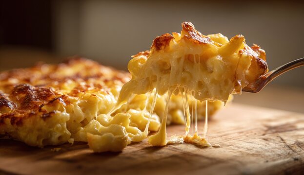 Delicious, gooey homemade macaroni and cheese with melted cheese stretching as a spoon lifts a serving, served on a rustic wooden surface