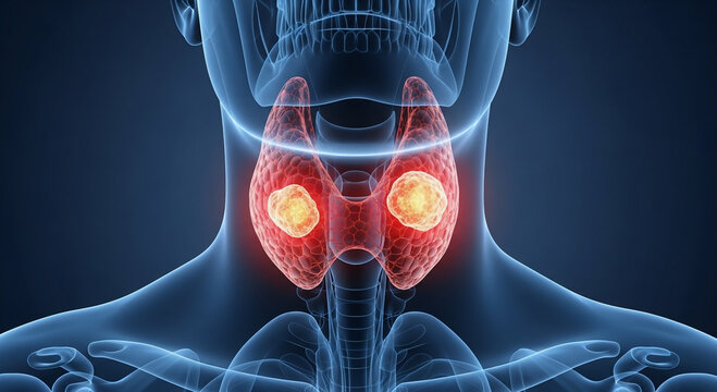 3D rendering of the human thyroid gland with highlighted nodules in a translucent X-ray view of the neck and upper chest.
