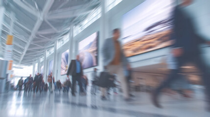 Fototapeta premium Motion blur of people walking in a transportation hub, with a large screen in the background, making it suitable as a dynamic background for digital graphics.