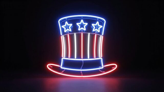 Neon Uncle Sam Hat Glowing with Patriotic Red White and Blue Lights on a Dark Background