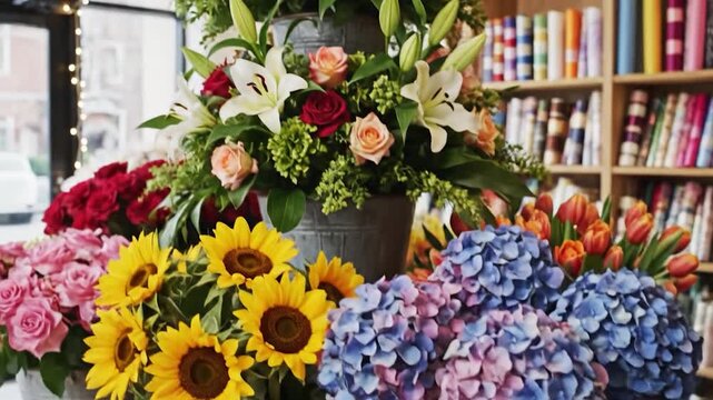 A florist arranges a beautiful assortment of fresh cut flowers including roses and hydrangeas in a shop setting
