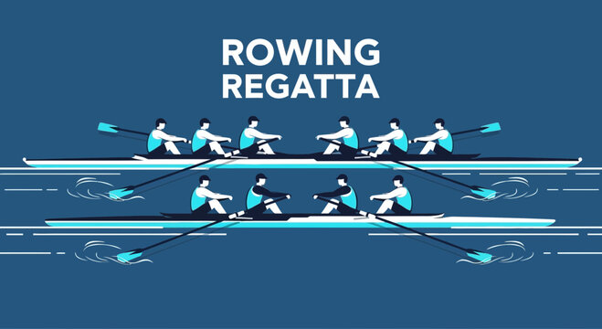 Rowing Regatta Illustration Depicting Competition and Teamwork on a Blue Water Background