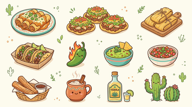 A collection of cute cartoon Mexican food and drink illustrations including tacos, enchiladas, guacamole, tequila, and horchata, with a friendly chili pepper and cacti.