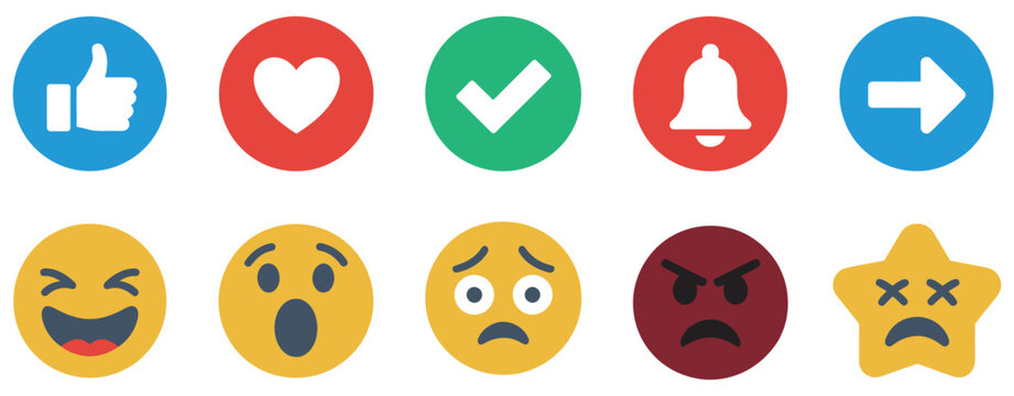 Emoji reactions vector collection, like dislike heart share comment icons set, social media engagement elements, flat style illustration for web graphics
