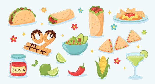 A vibrant collection of traditional Mexican food and drink items, including tacos, burritos, nachos, guacamole, churros, salsa, and a margarita.