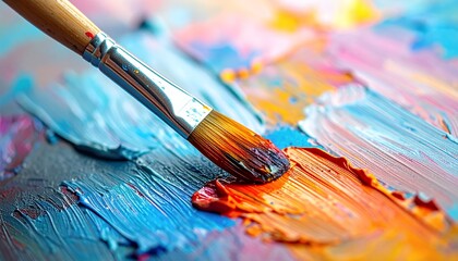 Fototapeta premium Close-up of a paintbrush creating vibrant strokes of colorful oil paint on a canvas.