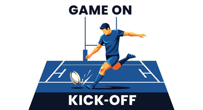 Rugby Player Kicking Off, Ready To Begin The Game With The Ball In Action