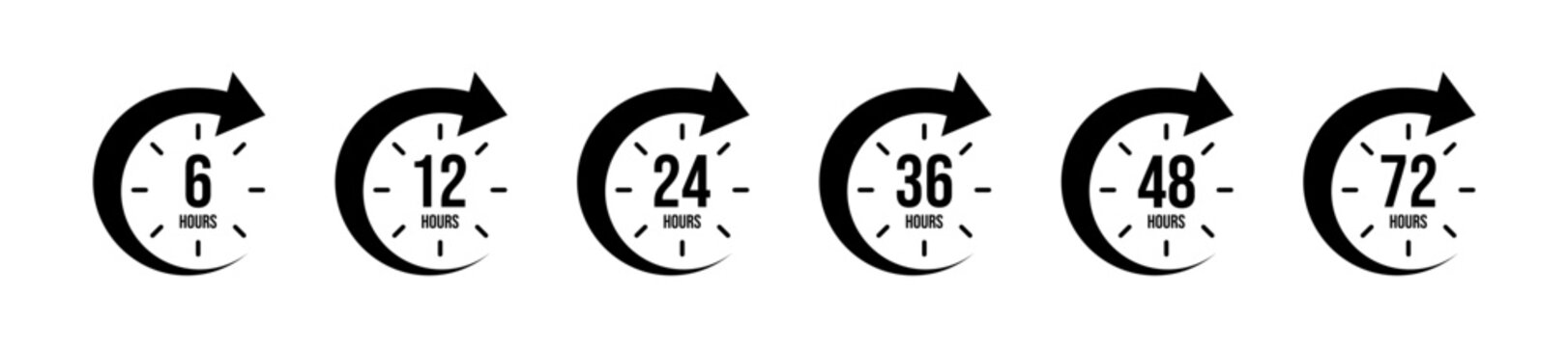 6, 12, 24, 36, 48, 72 hours icons with circle arrows. Fast Delivery and Shipping Time Icons Set with Clock Arrows. Professional 6 to 72 Hours Service Badge Vector Templates. Time Duration Icons