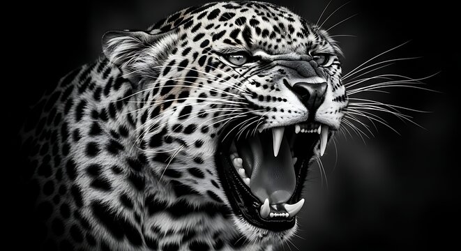 Aggressive leopard face showing teeth in high contrast monochrome animal art portrait