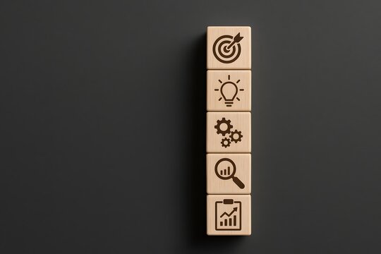 Five wooden blocks are stacked vertically, displaying essential business icons representing goals, ideas, processes, analysis, and results.