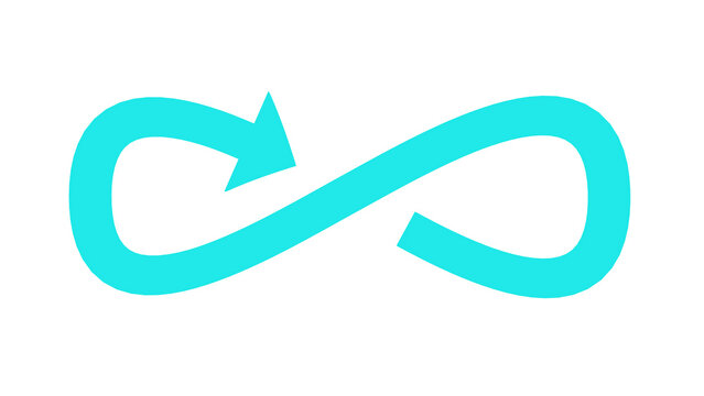 Cyan bold flat infinity symbol with circular and forward arrows on white background
