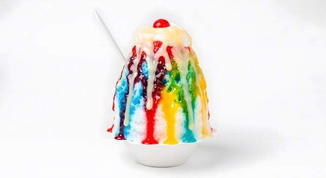 Colorful Hawaiian Rainbow Shave Ice Dessert Topped with Condensed Milk and a Cherry on White Background