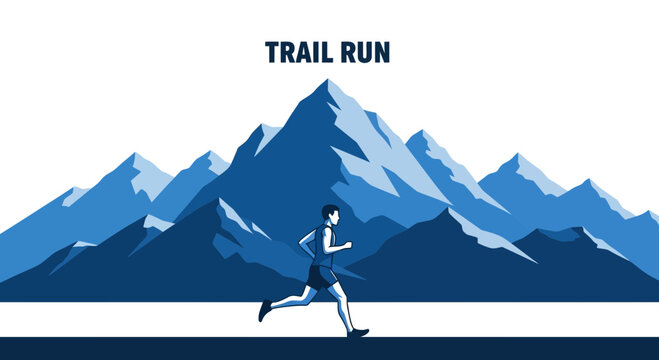 Runner Embarking On A Trail Run Through Towering Mountains In A Modern Illustration