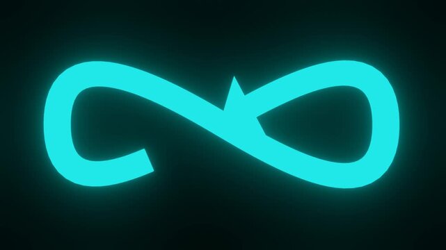 Cyan neon glowing bold infinity symbol with arrows loop animation on dark background
