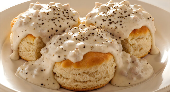  A plate of halved fluffy biscuits smothered in a thick creamy white sausage gravy, with cracked black pepper, Southern US fast food breakfast staple